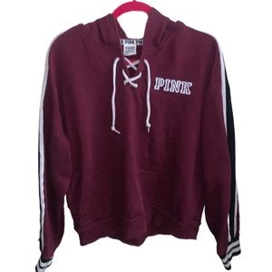 Pink Victoria's Secret large cropped fleece pullover lace up neck burgundy